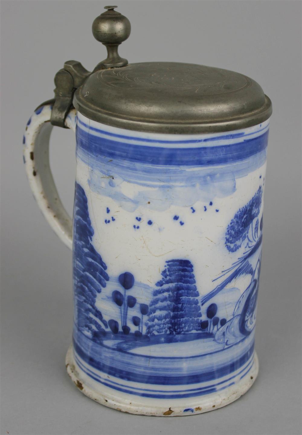 Appraisal: GERMAN PEWTER MOUNTED BLUE AND WHITE FAIENCE STEIN late th