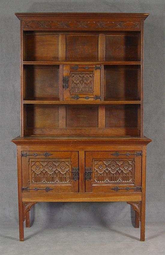 Appraisal: Oak Tudor Revival Cupboard Circa Gothic carving in frieze above