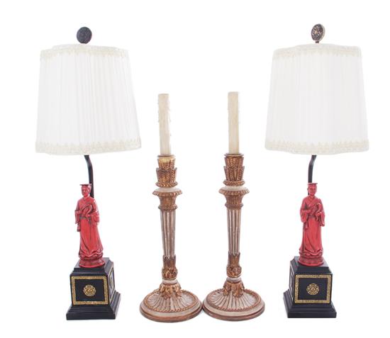 Appraisal: Two pair lamps pair Chinese figural H pair Italian carved