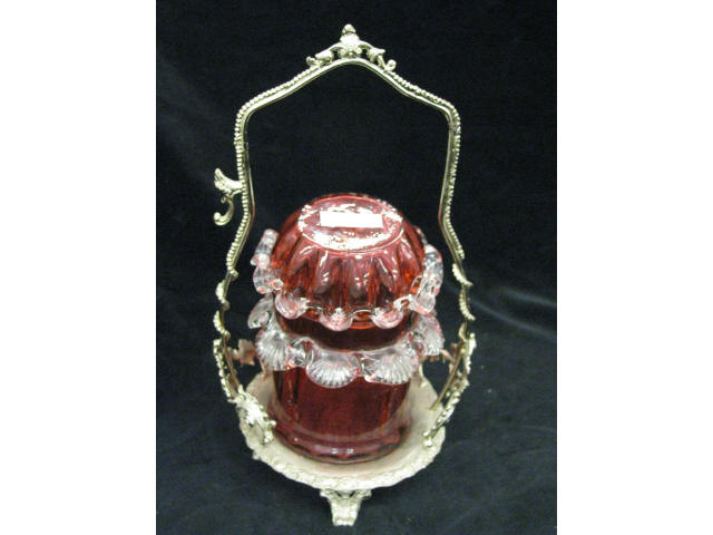 Appraisal: Victorian Cranberry Art Glass Pickle Castor applied clear rigoree silverplate