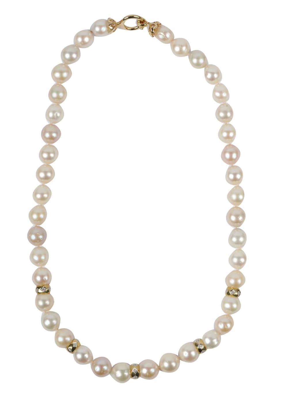 Appraisal: KARAT YELLOW GOLD DIAMOND PEARL NECKLACEcontaining round white-color cultured pearls