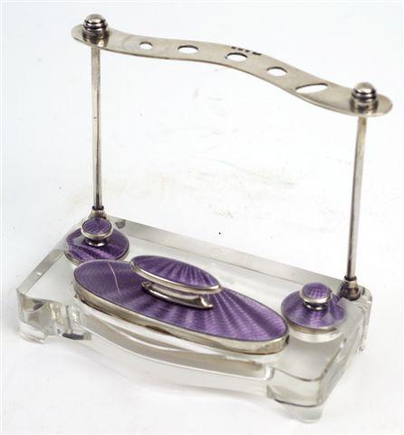 Appraisal: ART DECO SILVER AND ENAMEL MANICURE STAND BIRMINGHAM the glass