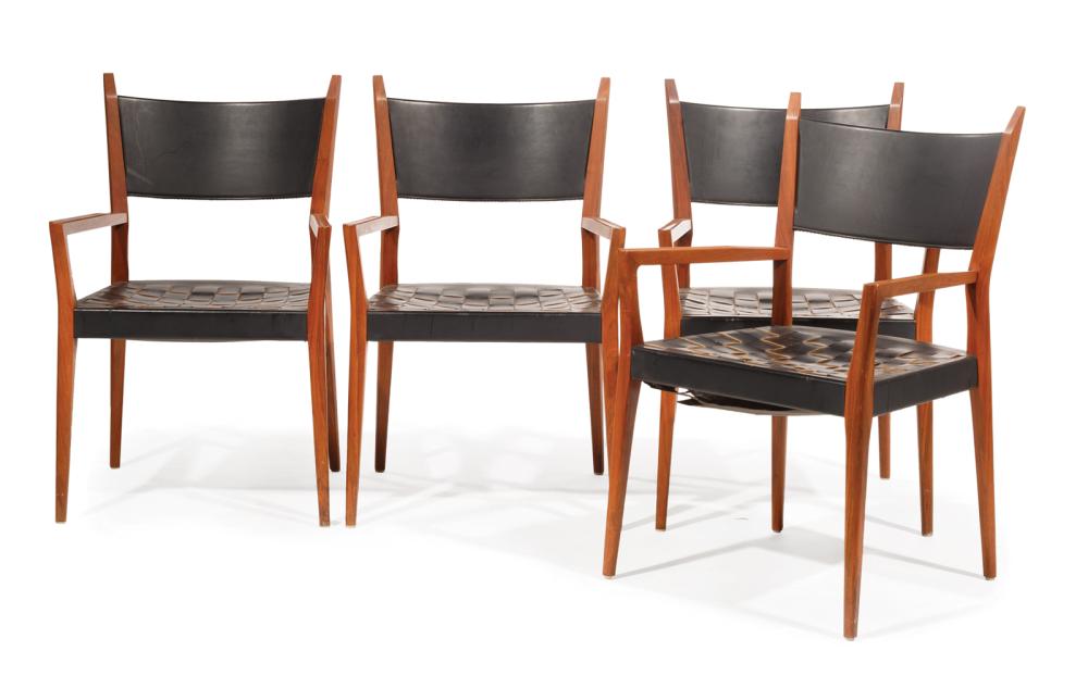 Appraisal: Four American Mid-Century Modern Cherrywood and Woven Leather Armchairs c