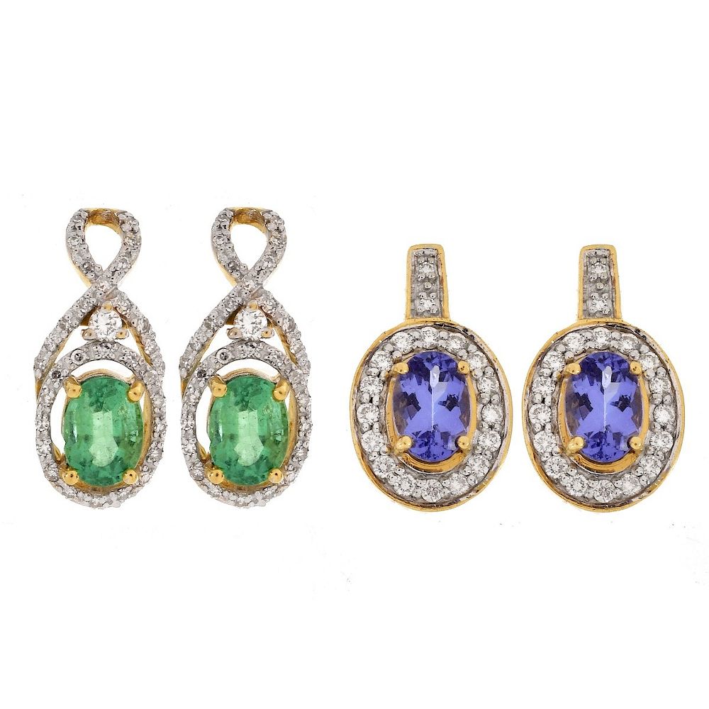 Appraisal: Two Pair Gemstone Diamond and K Gold Earrings Emerald Diamond