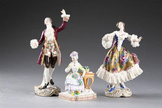 Appraisal: THREE PORCELAIN FIGURES Continental early th century porcelain Hand decorated