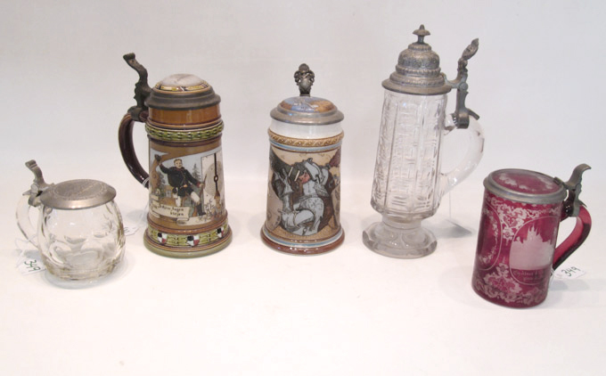 Appraisal: FIVE VICTORIAN BEER STEINS two of clear glass one red