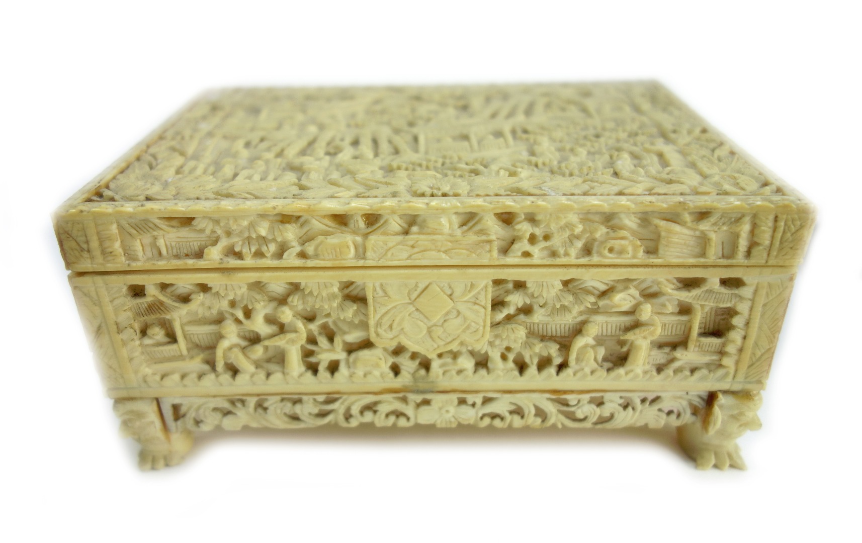 Appraisal: A Cantonese ivory casket th century carved all over with