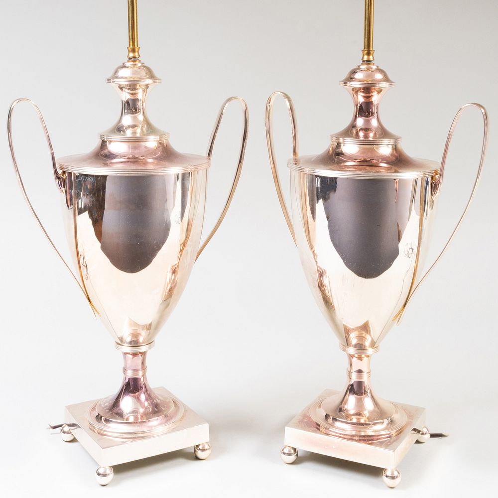 Appraisal: Pair of Silver Plate Urns Mounted as Lamps in high