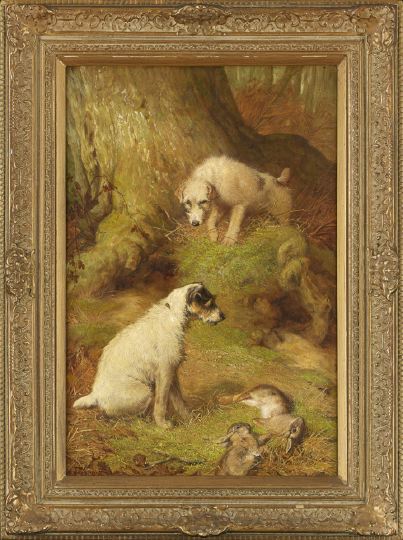 Appraisal: John Fitz Marshall British - Woodland Interior with Terriers Hunting