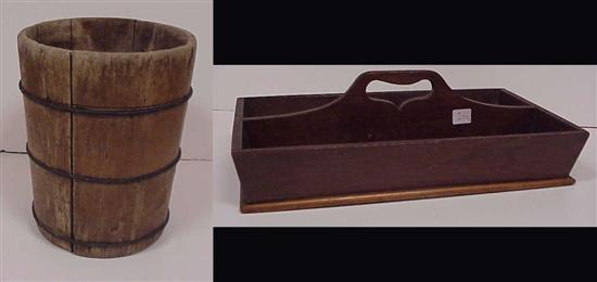 Appraisal: Stained wooden bucket with metal ring supports '' h x