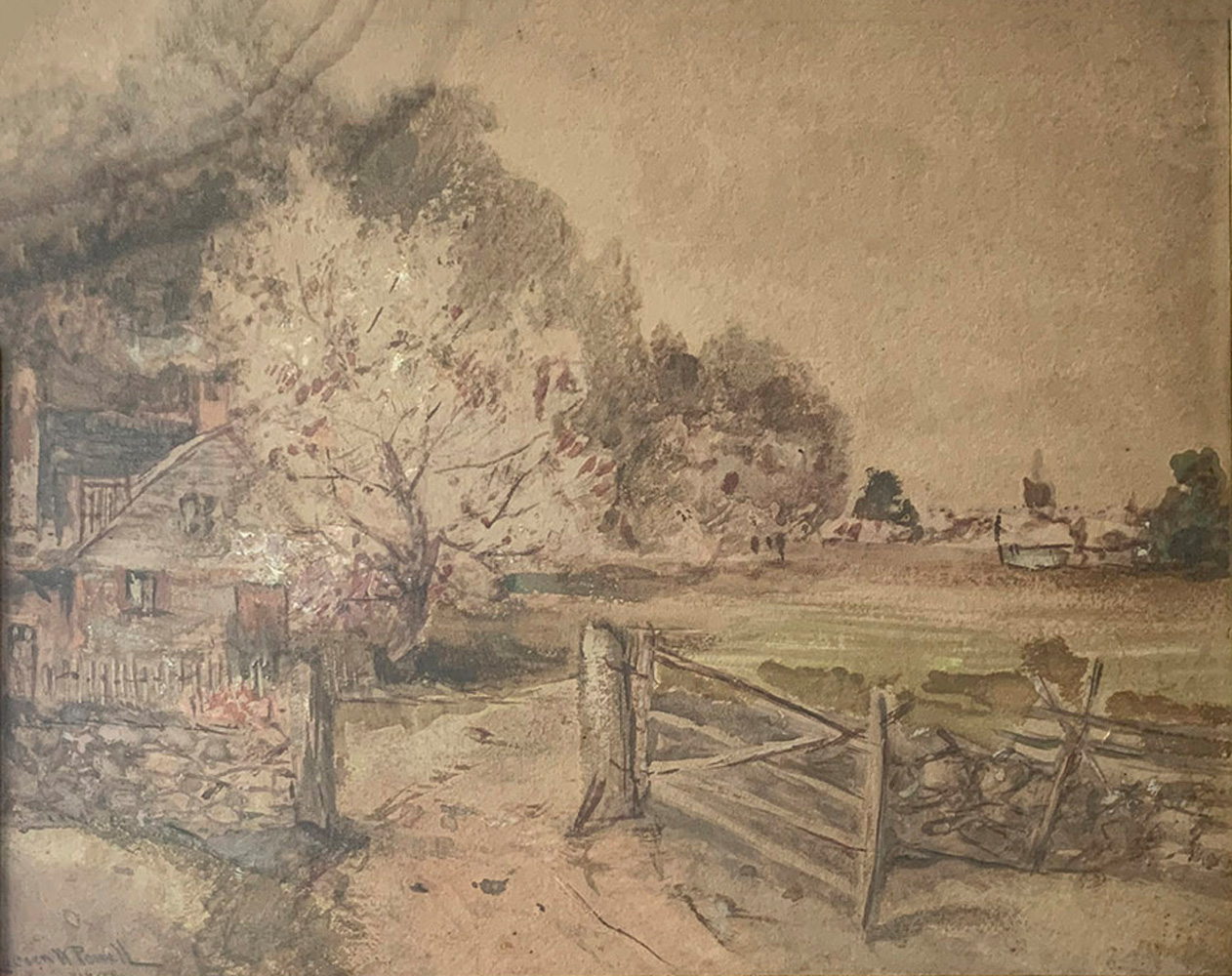 Appraisal: POWELL Lucien US - Country Homestead Landscape Watercolor sight size