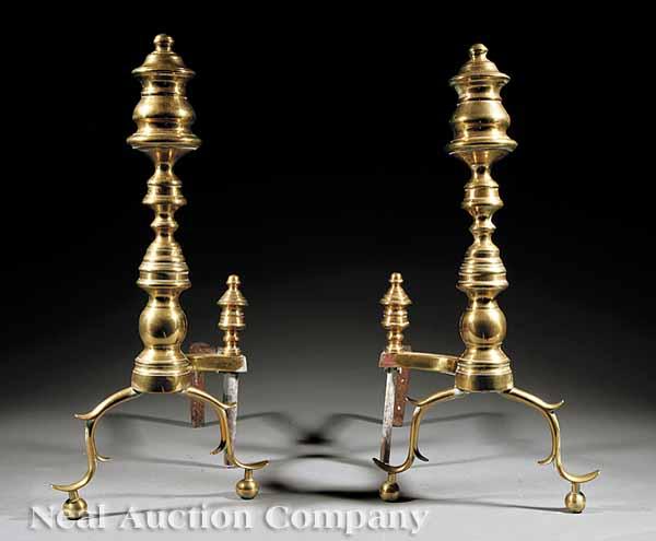 Appraisal: A Pair of Georgian Brass Andirons th th c turned