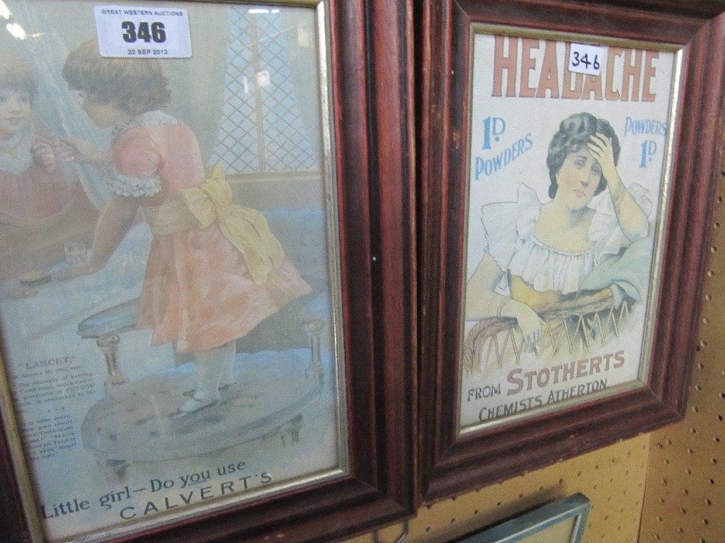 Appraisal: A lot comprising two framed advert posters 'Calverts' and 'Strotherts'