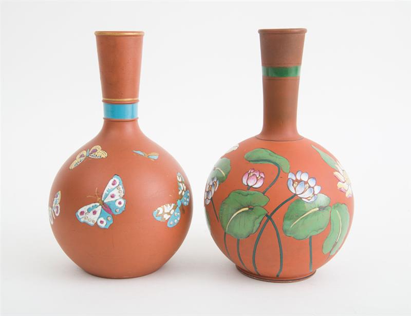 Appraisal: TWO ENGLISH DECORATED TERRACOTTA WATER BOTTLES x in Estimate -