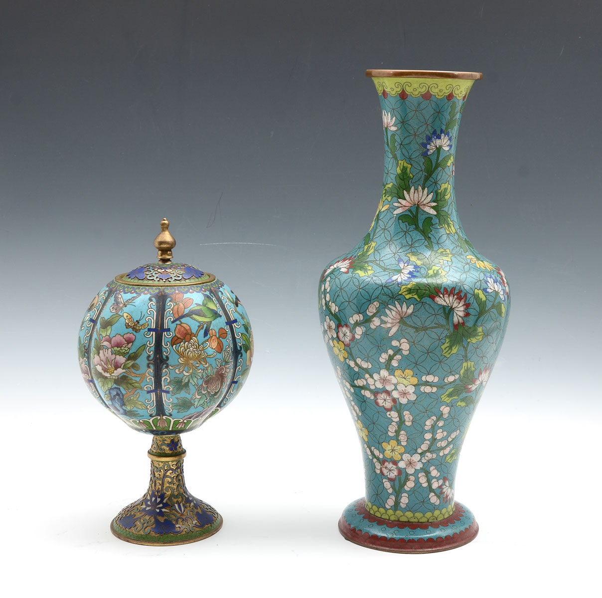 Appraisal: PC CLOISONNE VASE SET Comprising blue ground cloisonne vase having