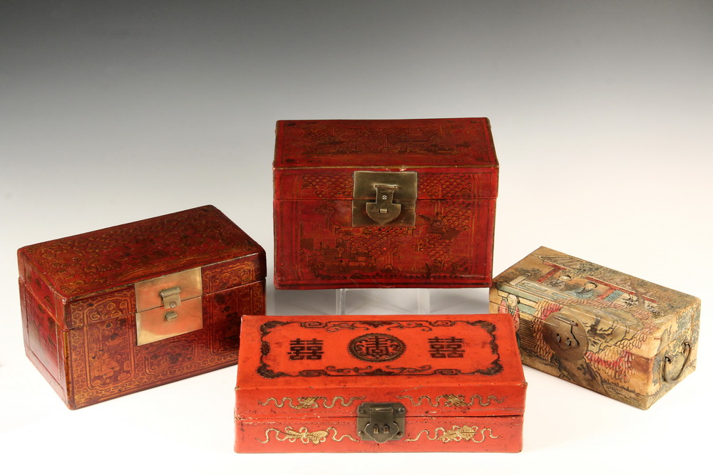 Appraisal: CHINESE PIGSKIN BOXES - th c Lacquered or Painted Pigskin