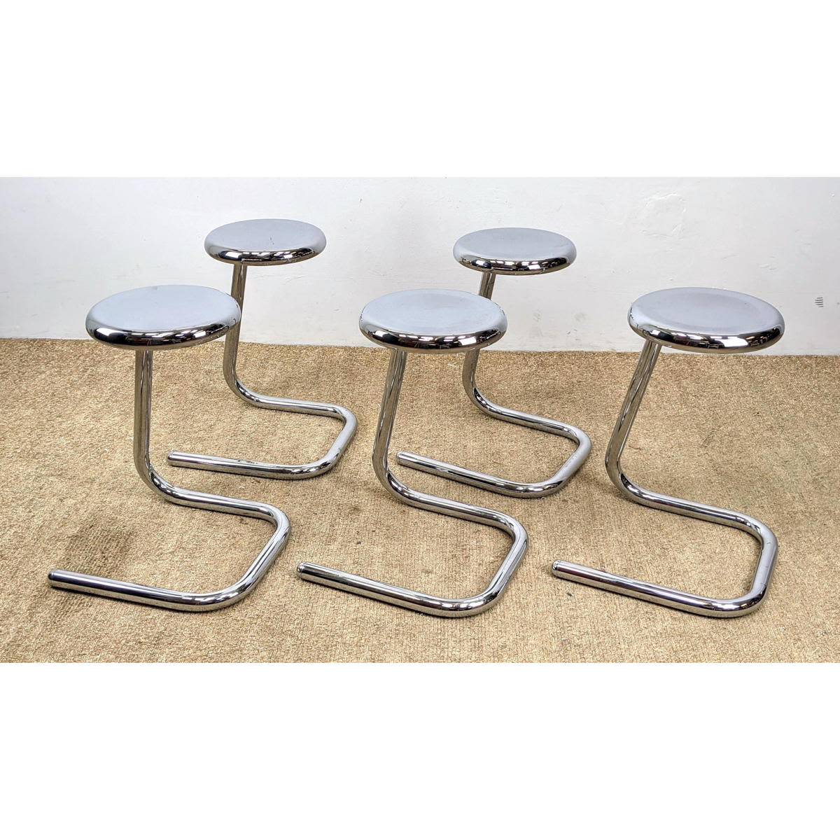 Appraisal: Set HAWOOD Paper Clip Chrome Stools Modernist Form Canadian Dimensions