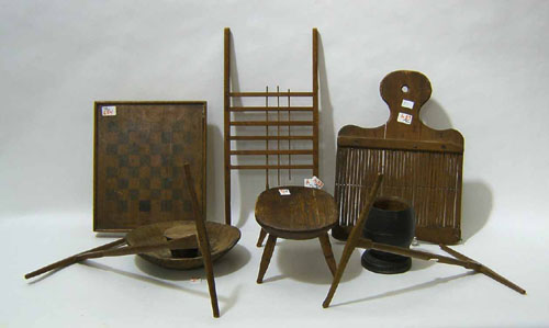 Appraisal: Woodenware to include a stool gameboard winders tape loom etc