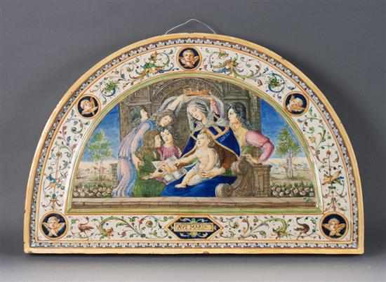 Appraisal: Italian Majolica demilune wall plaque decoration of Botticelli's Nativity titled