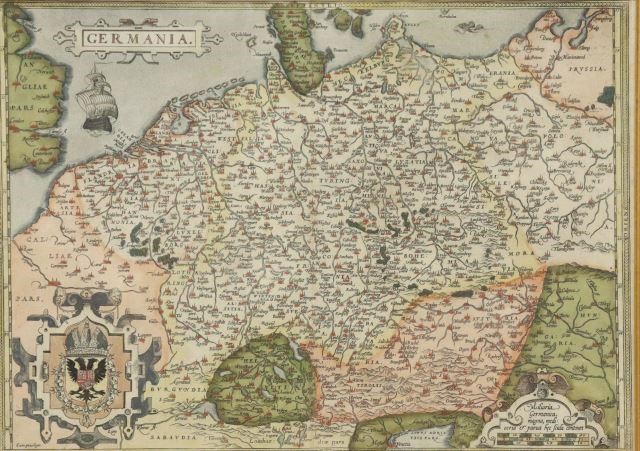 Appraisal: Framed hand-painted map of Germany engraved and illustrated after Abraham