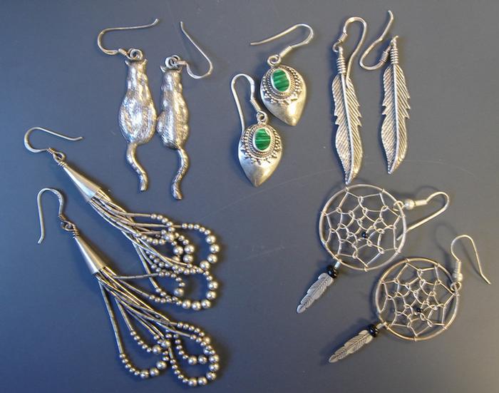 Appraisal: Sterling Earrings Five pair including liquid silver malachite cats feathers