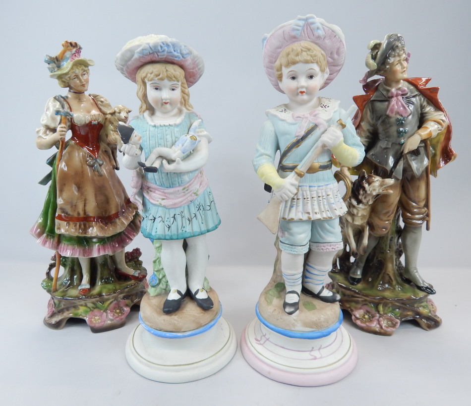 Appraisal: Two pairs of Continental porcelain figures to include a pair