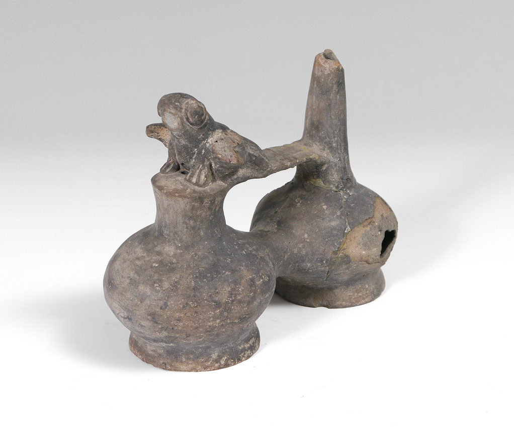 Appraisal: PRE-COLUMBIAN FIGURAL DOUBLE VESSEL Double chambered Peruvian vessel with figural