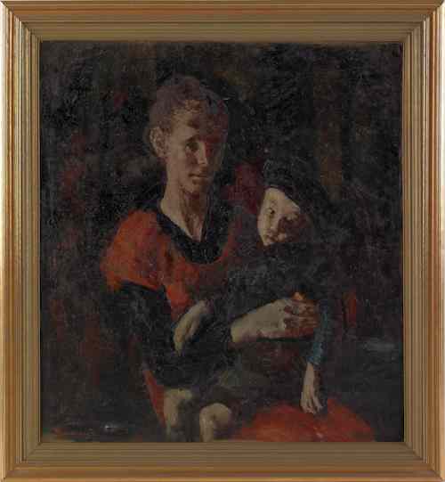 Appraisal: Large oil on canvas portrait of a woman and child