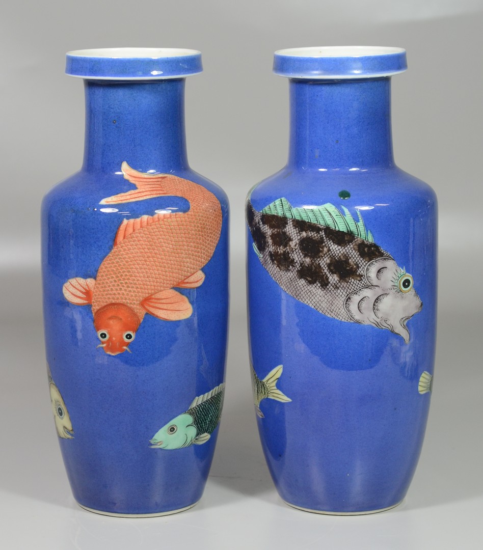 Appraisal: Pair of deep blue Japanese porcelain vases with carp decoration