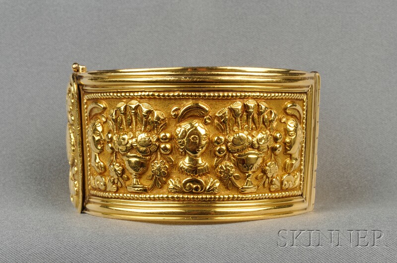 Appraisal: High-Karat Gold Bracelet the hinged bangle with flowerpot and figural