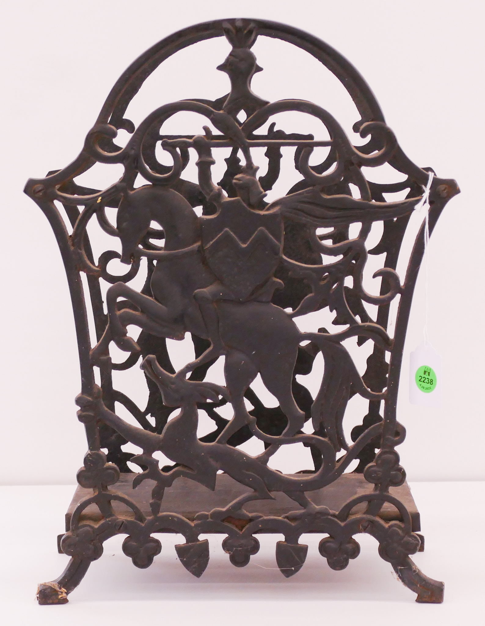 Appraisal: Antique Cast Iron George Slaying the Dragon Magazine Rack- x