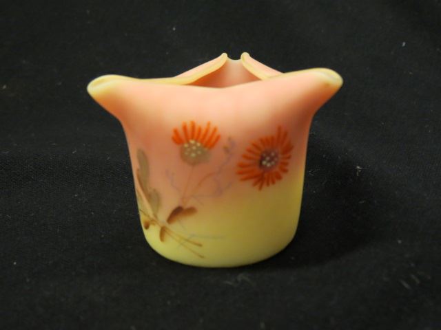 Appraisal: Peachblow Art Glass Toothpick Holder enameled floral triangular tops excellent