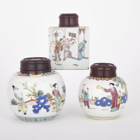 Appraisal: Two Famille Rose Covered Jars and One Tea Bottle th