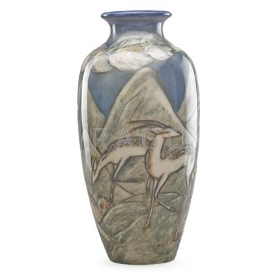 Appraisal: JENS JENSEN - ROOKWOOD Porcelain vase with antelopes in landscape