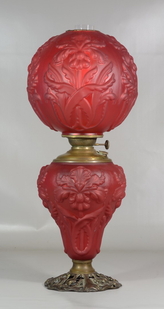 Appraisal: Frosted Red Gone with the Wind lamp shade and base