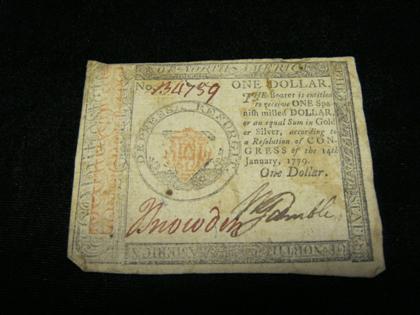 Appraisal: Continental dollar note by Hall and Sellers signed Snowden and