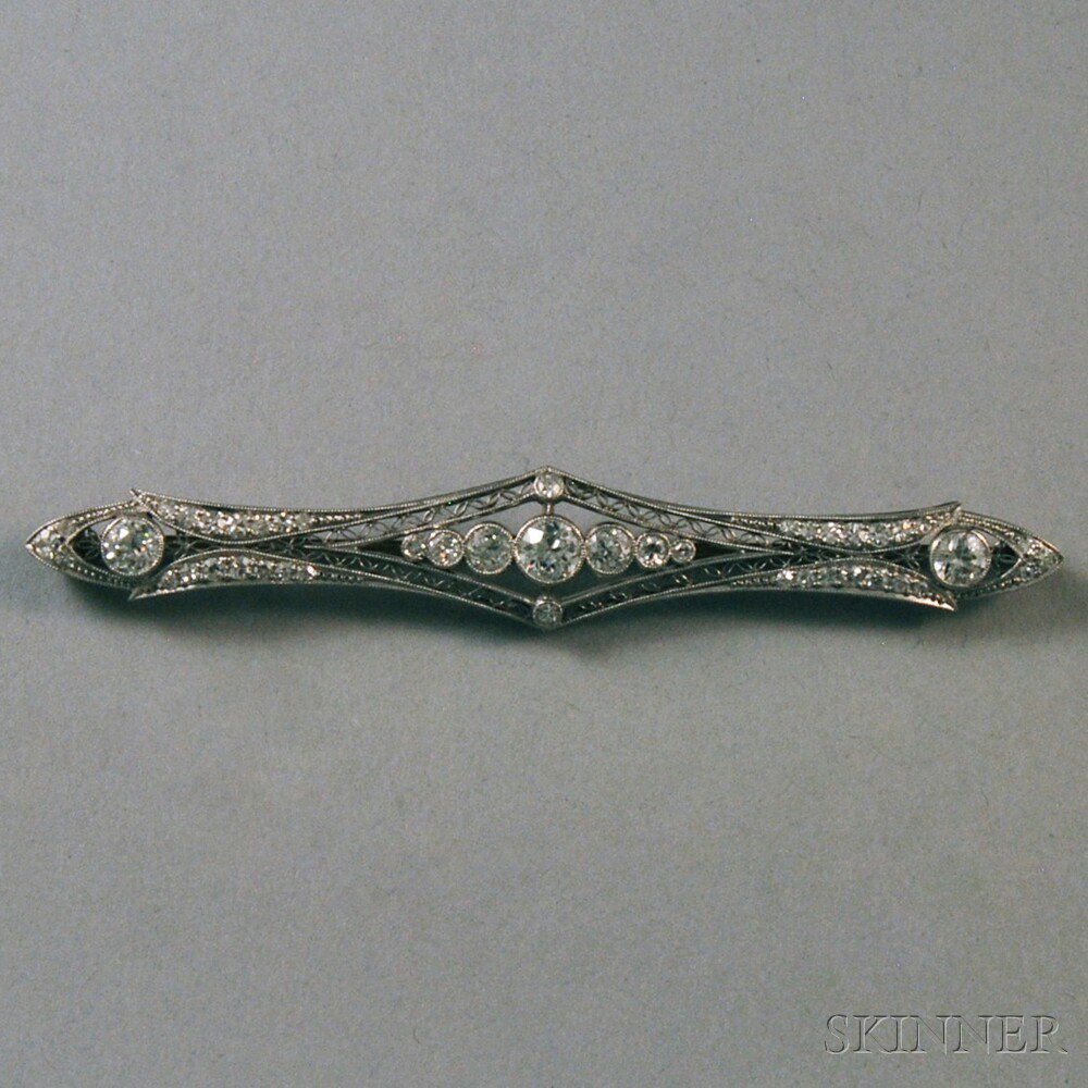 Appraisal: Platinum-topped Gold and Diamond Art Deco-style Filigree Bar Pin stamped