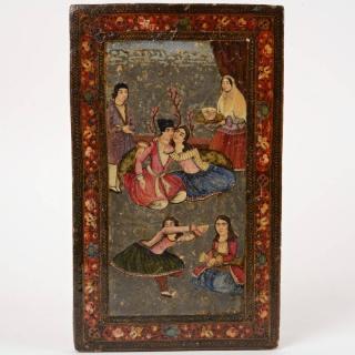 Appraisal: Persian Qajar lacquer mirror back panel th c wedding scene