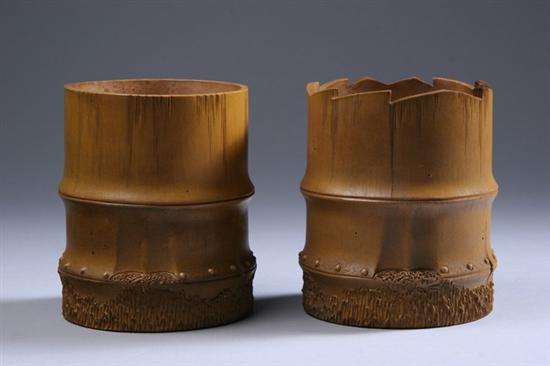 Appraisal: TWO CHINESE YIXING POTTERY BRUSH POTS Bamboo form - in