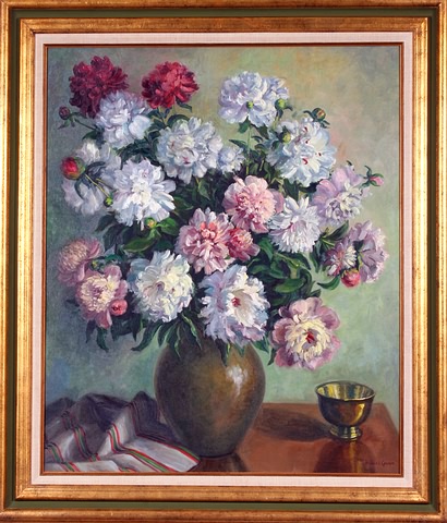 Appraisal: Peonies floral still life with gold bowl on table oil