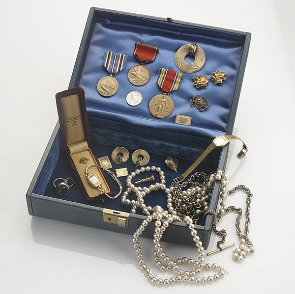 Appraisal: JEWELRY BOX LOT Assorted jewelry and medals Gold approx gs