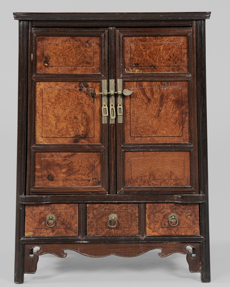 Appraisal: Burlwood and Rosewood Tabletop Cabinet Chinese th century rosewood and