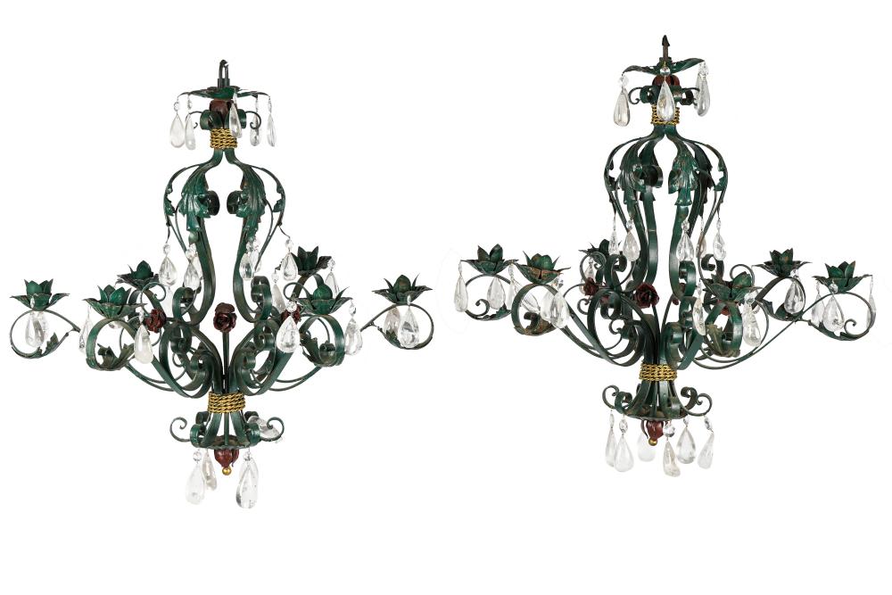 Appraisal: PAIR OF WROUGHT IRON ROCK CRYSTAL SIX-LIGHT CHANDELIERSwith floral tole