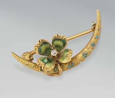 Appraisal: An Enamel and Diamond Clover Brooch k yellow gold crescent