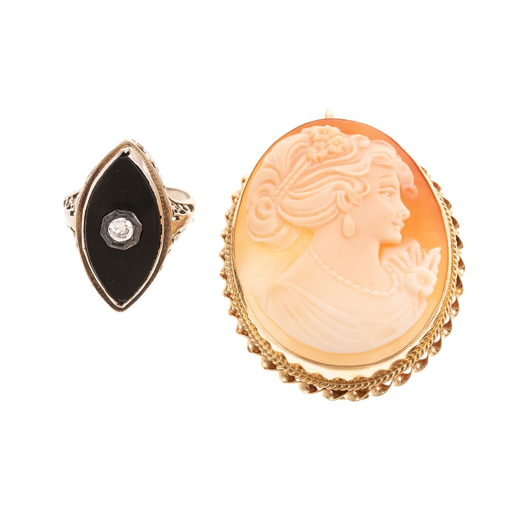 Appraisal: An Art Deco Black Onyx Ring Cameo Pin in K