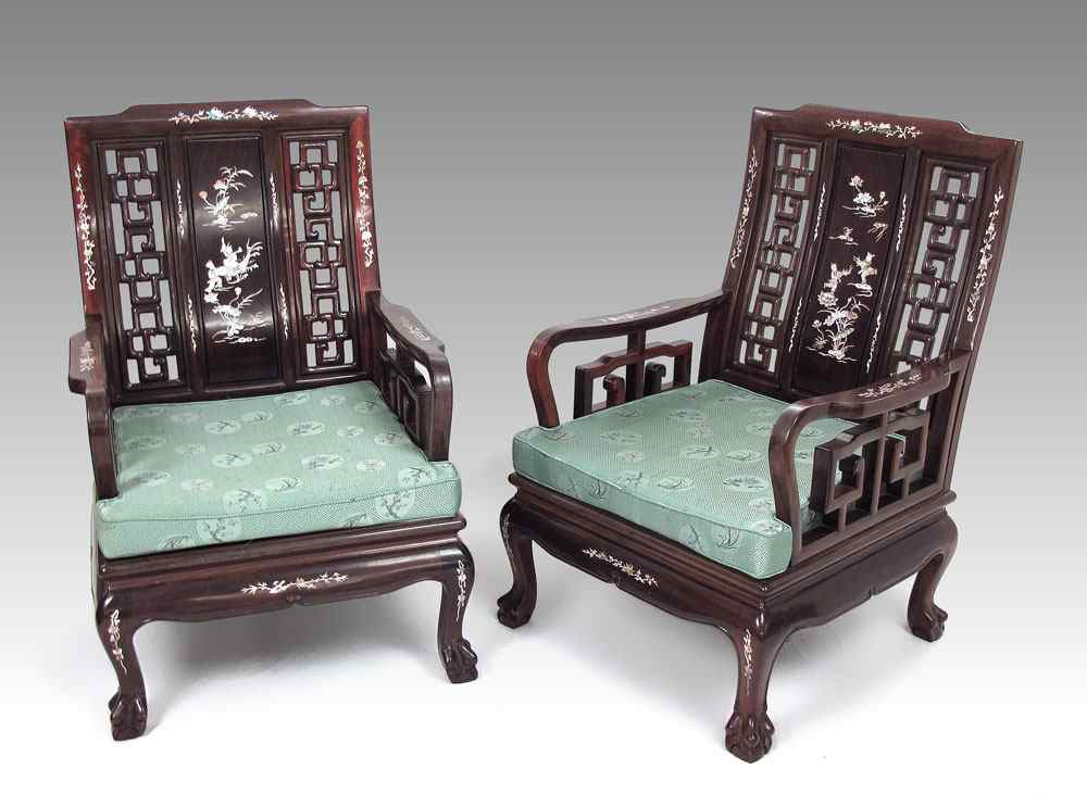 Appraisal: PAIR OF CHINESE MOTHER OF PEARL INLAY CHAIRS '' x