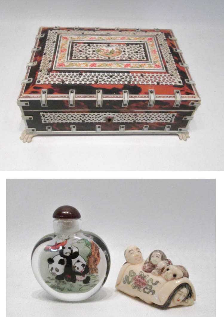 Appraisal: KEEPSAKE BOX SNUFF BOTTLE AND EROTIC NETSUKE the rectangular hinge-top