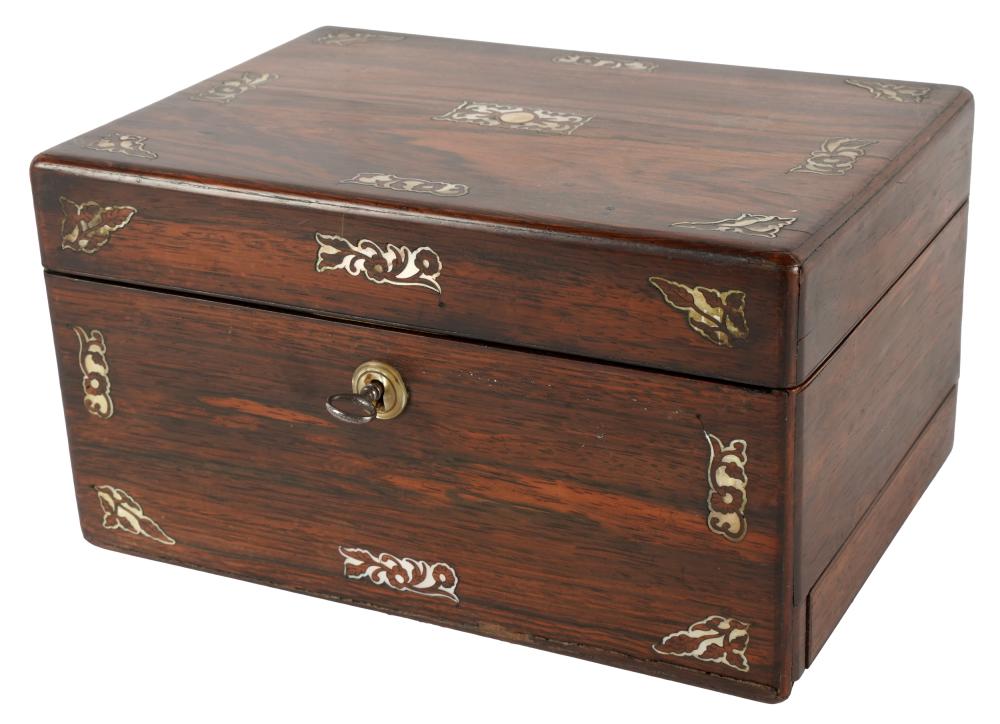 Appraisal: MOTHER-OF-PEARL-INLAID ROSEWOOD TRAVEL VANITY BOXthe leather-lined interior fitted with glass