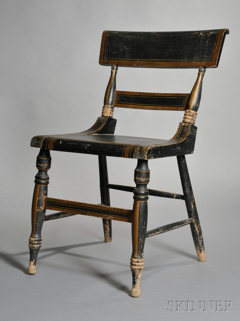 Appraisal: Black-painted Yellow-striped and Parcel-gilt Tablet-back Side Chair probably Baltimore Maryland