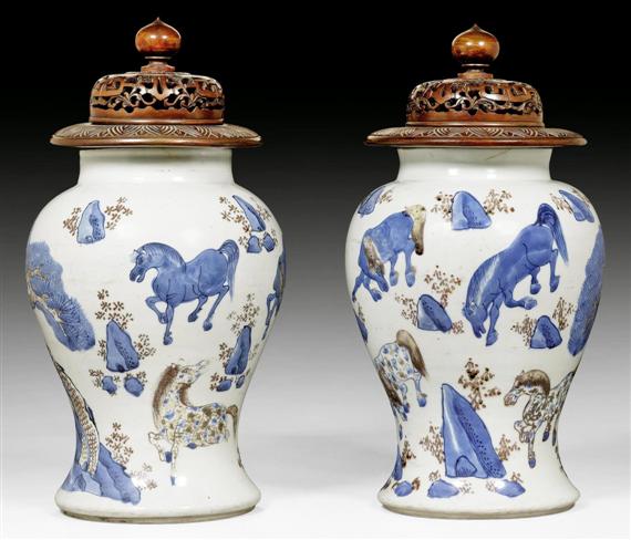 Appraisal: AN UNUSUAL PAIR OF COVERED VASES WITH HORSE DESIGN China